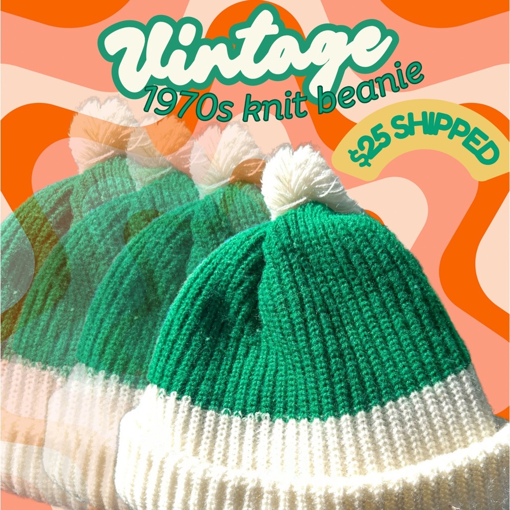 Vintage 1970s thick rag knit green and white beanie